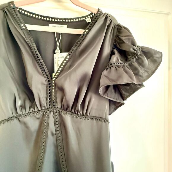 NWT Max Studio Flutter Sleeve Satin Midi Dress in Black.  Size XS - Picture 11 of 14